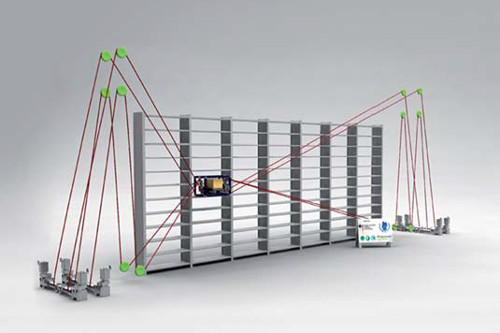 The light-weight platform with storage/retrieval device is moved and positioned by eight cable winches.